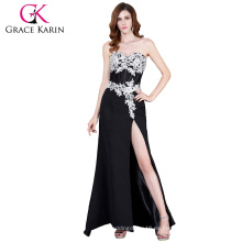 Grace Karin caliente venta escote corazón gasa dividida pierna larga vestido negro CL7519 del baile de fin de curso del cordón